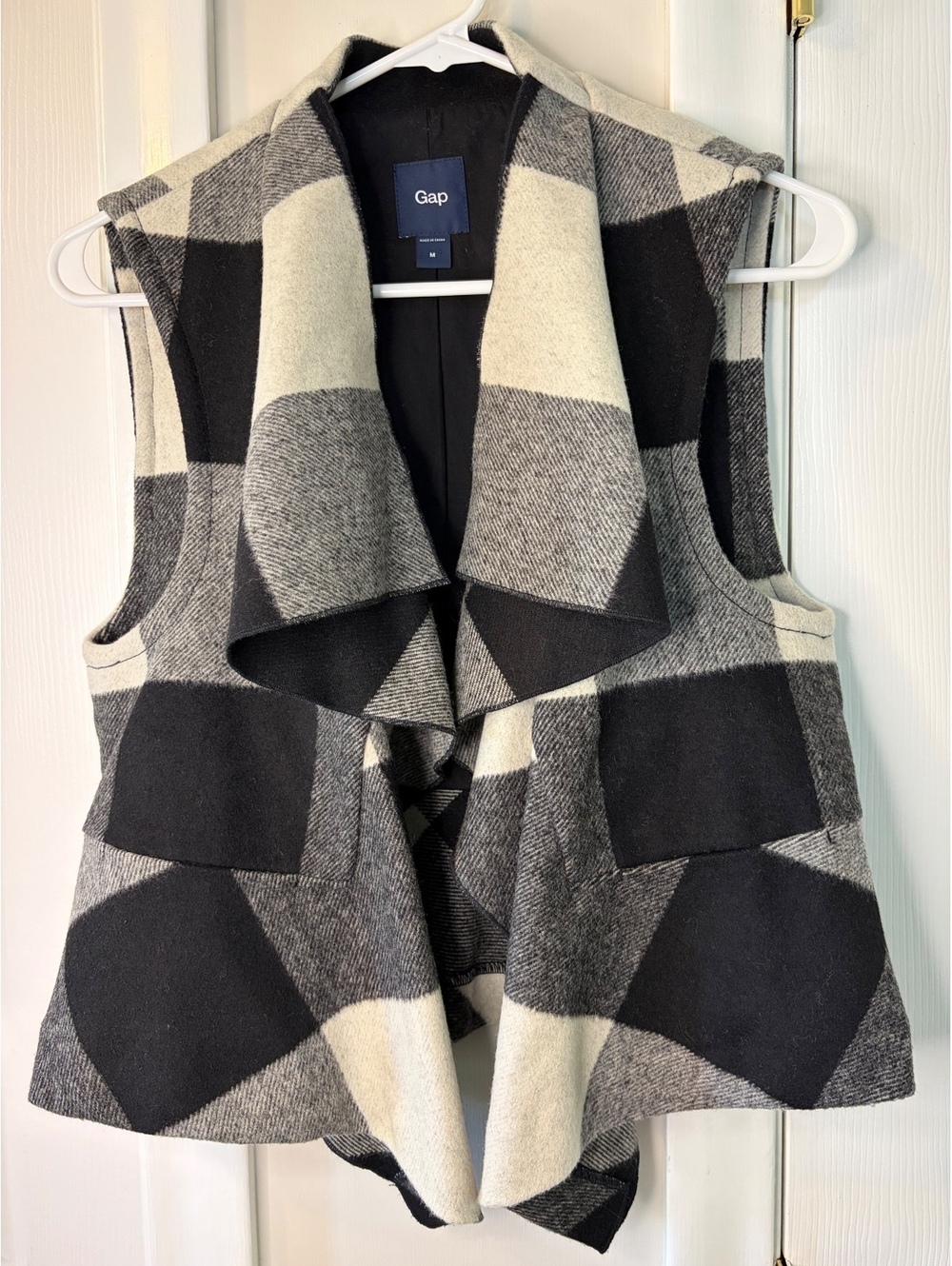 Gap Black White Plaid Open Front Vest Wool Blend - Medium